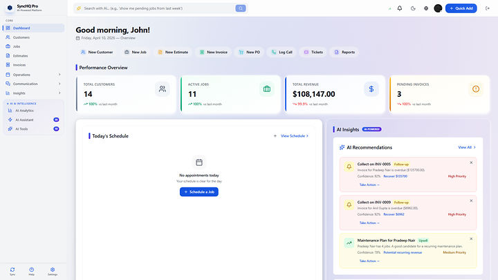 ServiceSyncHQ Pro office dashboard for a demo business, with AI recommendations