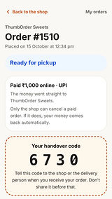 ThumbOrder order ready for pickup, in English, demo shop