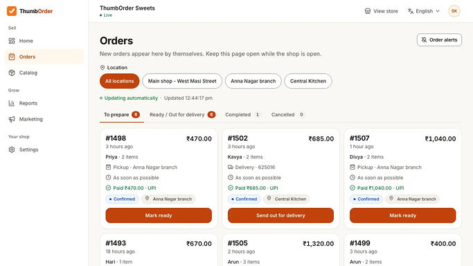 ThumbOrder live orders board for a demo shop